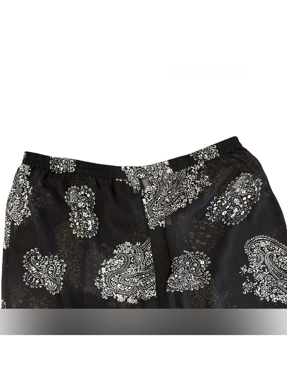 90s 2PC DELICATES BOHO SHEER BLK & CREAM PAISLEY CROP TOP & WIDE LEG PANT SZ XL - Picture 12 of 16